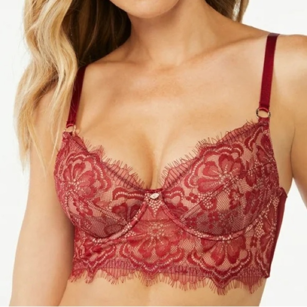 Red Lace Eyelash Bustier Longline Bra with Floral Motifs